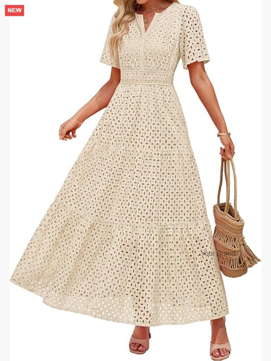 Dresses & Skirts - V Neck Short Sleeve Eyelet Ruffle Maxi Dress Hollow Out Swing A Line